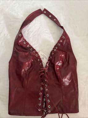 Windsor Wine Red Faux Leather Lace-Up Halter Tank